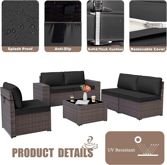 Kurapika 6 Pieces Patio Furniture Set, Rattan Wicker Outdoor Conversation Sets w/4 Inch Cushion and Glass Coffee Table(Black)