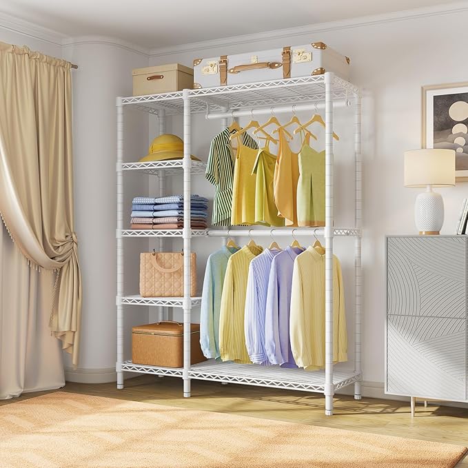 VIPEK V7 Garment Racks for Hanging Clothes Heavy Duty Clothes Rack with Shelves, Portable Closet Rack Metal Clothing Racks 5 Tiers Freestanding Closet Wardrobe System, Max Load 670lbs, White