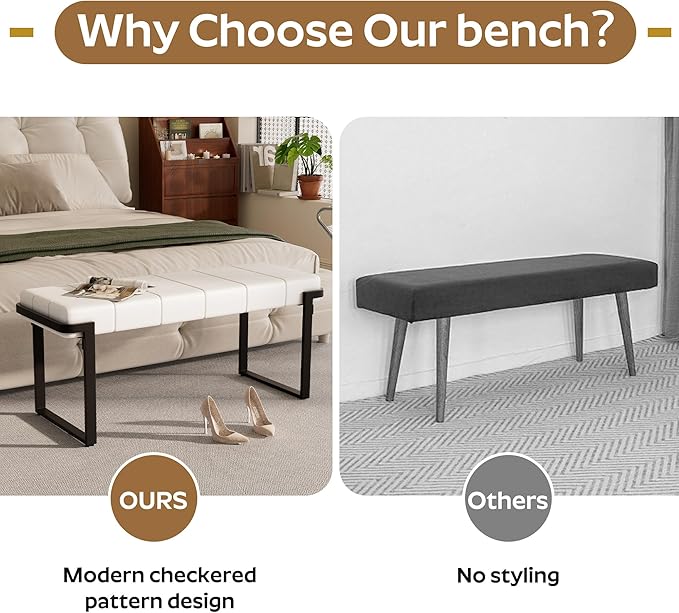 Upholstered Dining Bench, 44.29 Inch Leather Upholstered Bedroom Benches, Entryway Bench for Living Room Kitchen Dining Room(White&Black)