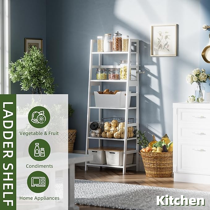Ladder Shelf, 5-Tier Bookshelf, All Bamboo Heavy Duty Bookcase, Freestanding Open Wood Storage Rack, Modern Corner Display Plant Stand for Living Room, Home Office, Bathroom, Bedroom, White