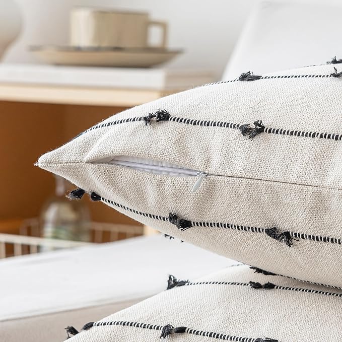 Boho Throw Pillow Covers 12x20 Set of 2 Modern Farmhouse Decorative Cushion Case Tufted Square Pillows Cover Neutral Pillow Cases Accent Pillowcase for Sofa,Couch,Bed,Beige and Black