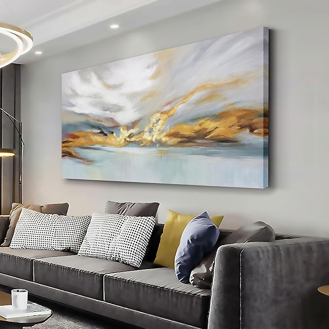 Glvzygy Modern Abstract Wall Art Wall Decorations Greyish White Gold and Blue Abstract Wall Art Canvas Abstract Wall Art for Living Room Bedroom Dining Room Home Office Decor 29"x58"