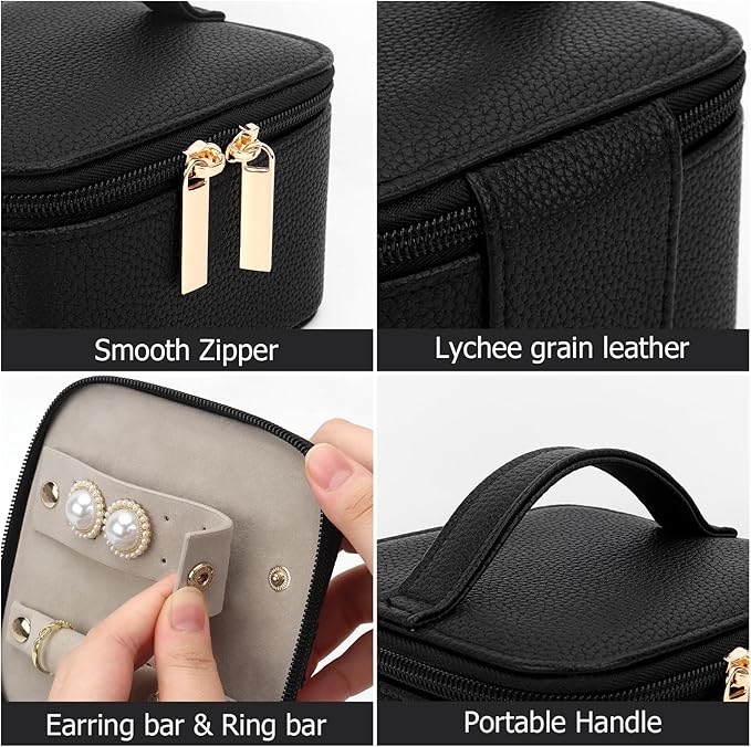 DesignSter Small Jewelry Box, Travel Small Jewelry Organizer with Earring Tray and Ring Holder, Square Travel Jewelry Storage Case with 6 Velvet Jewelry Pouches, Black