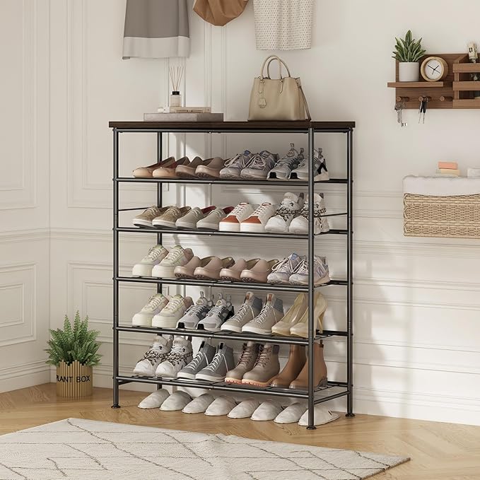 Shoe Rack Organizer 6 Tier for Closet Entryway Free Standing Metal Storage Shoe Shelf with MDF Top Board，Black