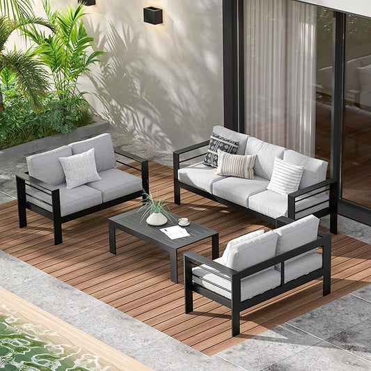 Wisteria Lane Aluminum Outdoor Patio Furniture Set, Modern Patio Conversation Sets, Outdoor Sectional Metal Sofa with 5 Inch Cushion and Coffee Table for Balcony, Garden, Black Frame & Gray Cushion