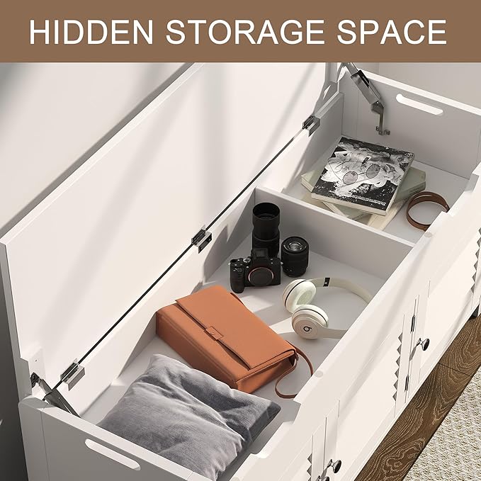 ChooChoo 41.3" Shoe Storage Bench with Lift Top Storage, Entryway Bench with Cushioned Seat, Adjustable Shelf, Shoe Cabinet with Hidden Space, for Entryway, Bedroom, Living Room, White