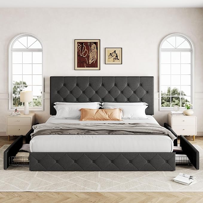 Allewie Upholstered King Size Platform Bed Frame with 4 Storage Drawers and Headboard, Diamond Stitched Button Tufted, Mattress Foundation with Wooden Slats Support, No Box Spring Needed, Dark Grey