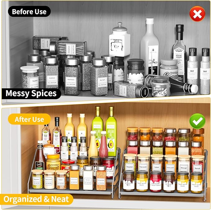 RCHYFEED 4 Tier Spice Rack Organizer, Spice Organization for Cabinet,Pantry, Countertop,Tiered Spice Rack Easy Visibility,Depth Expandable Seasoning Shelf for Kitchen Cabinet Organizer,Silver,2 PACK