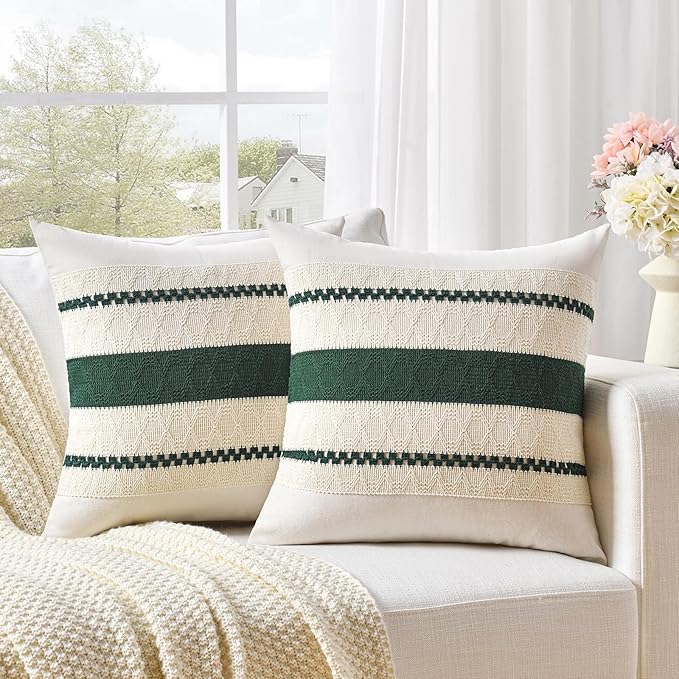 Fancy Homi Set of 2 Dark Green Boho Decorative Throw Pillow Covers 20x20 Inch for Couch Bed Sofa Bedroom Indoors, Modern Farmhouse Vintage Forest Green Living Room Decor