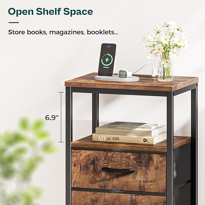Huuger Nightstand with Charging Station, Fabric Drawers, End Table with Open Shelf, Bedside Table with USB Ports and Outlets, Night Stand for Bedroom, Rustic Brown