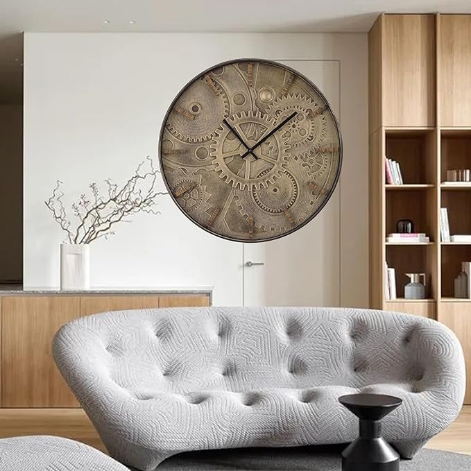 20 Inch Large Wall Clocks for Living Room Decor with Moving Gears,Silent Wall Clock Industrial Steampunk,Decorative Rustic Clocks for Farmhouse Home Battery Operated