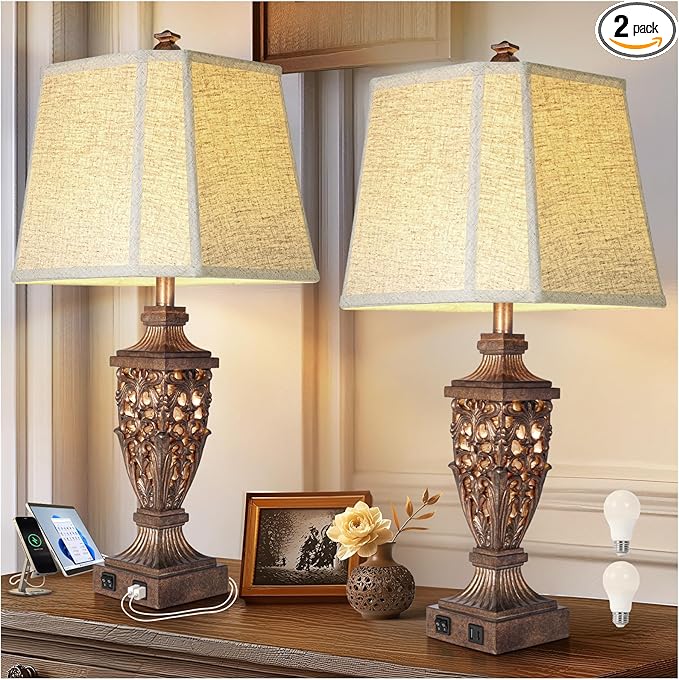 28.5" Vintage Bronze Table Lamps Set Of 2 with Night Light,Lamps for Nightstand with Beige Linen Cut Corner Shade,Bedside Lamp with USB A+C Ports for Bedrooms,Living Room,Office,Hotel(Bulb Included)