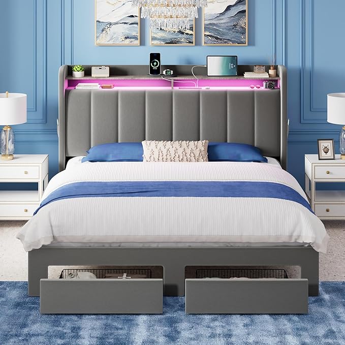 Allewie Velvet Vertical Tufted Queen Upholstered Platform Bed Frame with 2-Tier LED Storage Headboard & 2 Storage Drawers, USB & Type-C Charging Ports, Noise-Free/No Box Spring Needed, Grey