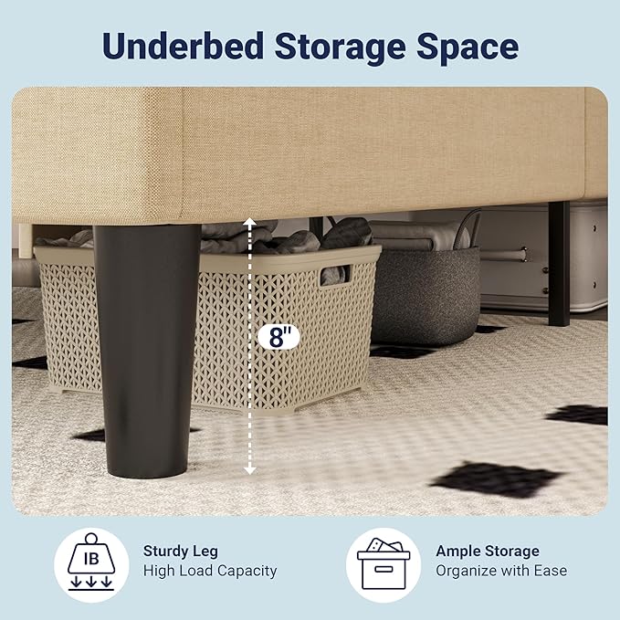 Allewie Full Size Bed Frame, Storage Headboard with Charging Station, Wingback Linen Upholstered, Diamond Stitched Button Tufted, Sturdy Wooden Slats, No Box Spring Needed, Easy Assembly, Beige