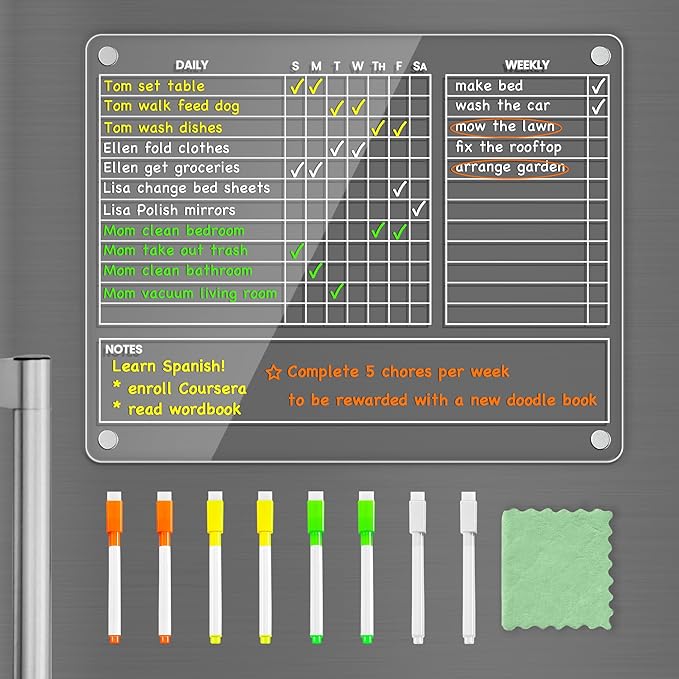 PigPotParty Magnetic Chore Chart for Adults & Teens & Kids on Fridge – 12"x9.5" Acrylic Dry Erase Chore Board with Daily, Weekly & Notes Sections – Includes 8 Fine Point Markers & Towel