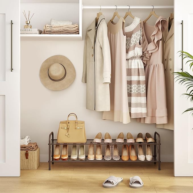 Hoctieon 2 Tier Shoe Rack for Closet, Durable Mesh Style Shoe Rack, Entryway Shoe Shelf, Shoe Storage Organizer for Hallway, Bedroom, Living Room, Wardrobe, Brown