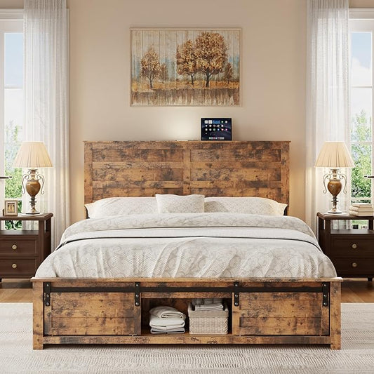 Wooden Bed Frame Queen Size with Headboard & Sliding Barn Door Storage Footboard, Farmhouse Platform Bedframe with Charging Station, No Box Spring Needed, Brown