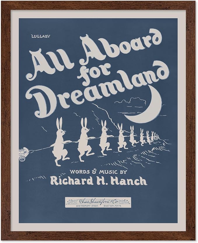 Poster Master All Aboard For Dreamland Poster - Retro Children's Lullaby Print - Story Book Art - Bunny Art - Rabbit Art - Aesthetic Art - Kid's Bedroom or Nursery Wall Decor, 11x14 Brown Framed