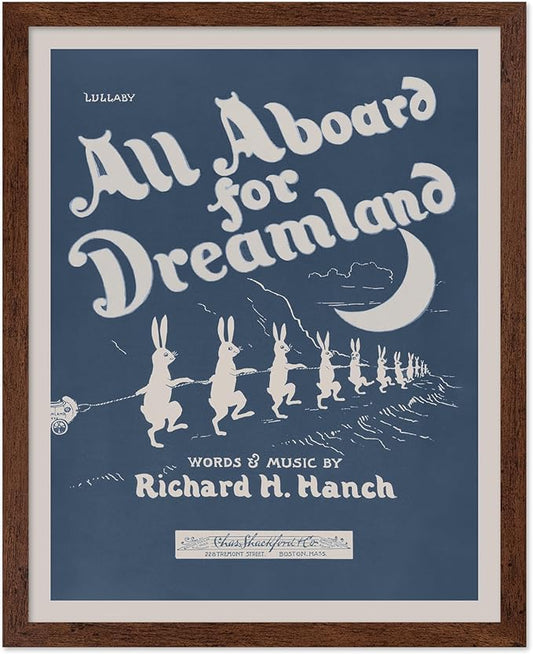 Poster Master All Aboard For Dreamland Poster - Retro Children's Lullaby Print - Story Book Art - Bunny Art - Rabbit Art - Aesthetic Art - Kid's Bedroom or Nursery Wall Decor, 11x14 Brown Framed