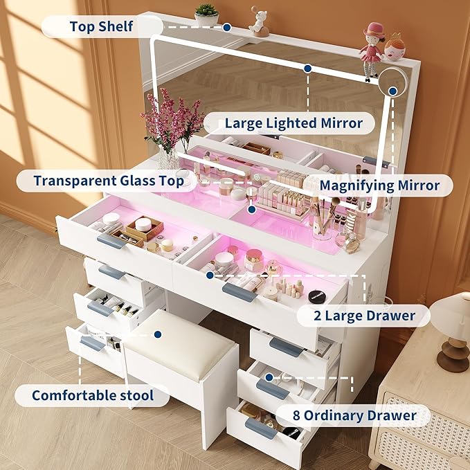 Garvee Vanity Desk with Large Mirror and Lights & Magnifying Glass, Makeup Table, Dressing Table Set with Stool, Power Outlet, 3 Lighting Modes, 10 Drawer, White