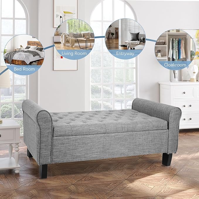 Storage Ottoman Bench with Arms, End of Bed Bench for Bedroom, Button Tufted for Entryway, Living Room,Hallway (Light Grey)