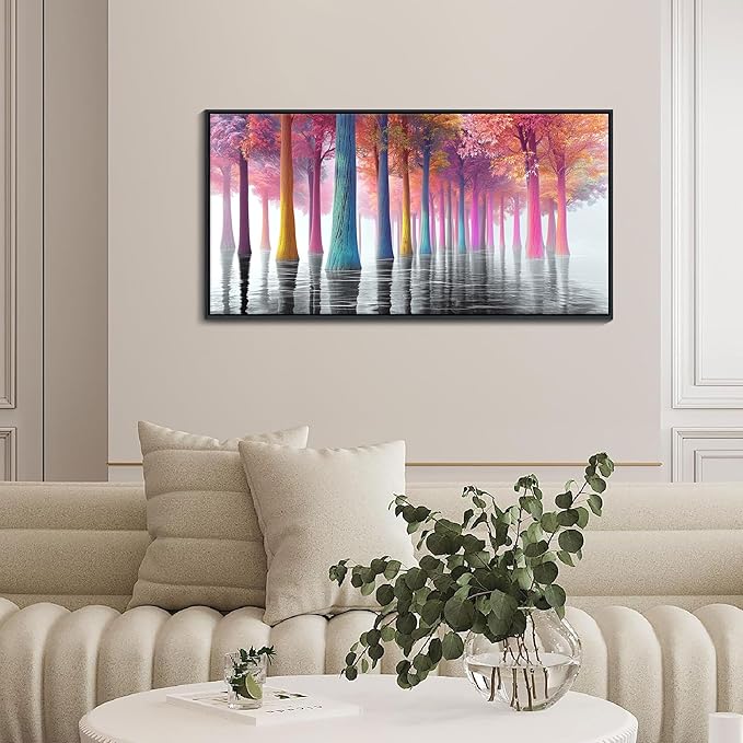 JEAWA Lake Framed Wall Art, Colorful Tree Wall Paintings Large Forest Grey Landscape Canvas Pictures Ready to Hang Bathroom Living Room Bedroom Kitchen Home Office Decor 20x40 IN