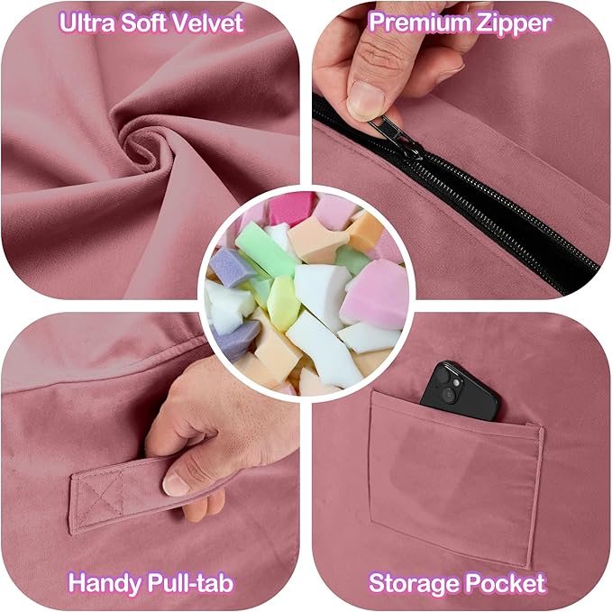 Homguava 5 FT Bean Bag Chair: 5' Bean Bags with Memory Foam Filled, Large Beanbag Chairs Soft Sofa with Dutch Velvet Cover-Dusty Pink