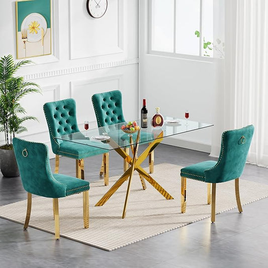 Goujxcy 5 Piece Glass Dining Table Set Modern Glass Dining Table Set for 4, 51" Rectangular Kitchen Table and 4 Velvet Upholstered Chairs for Kitchen Dining Room, Gold Table & Green Chair