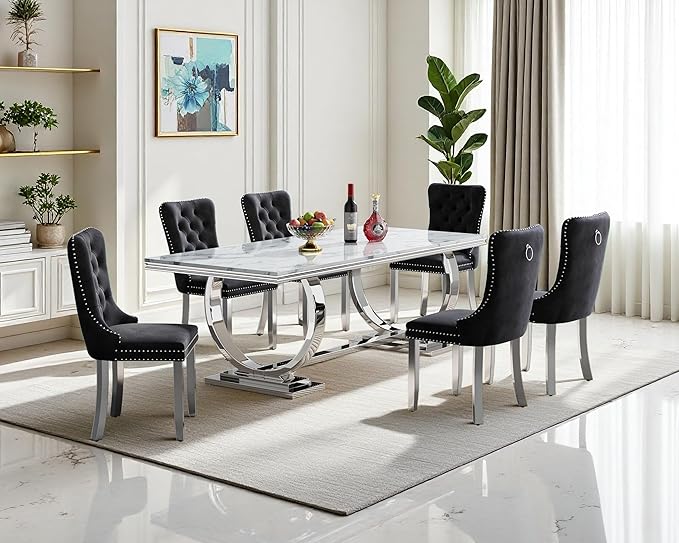 Goujxcy 68" Faux Marble Dining Table Set for 6, 7-Piece Dining Set with White Silver Kitchen Table and 6 Velvet Tufted Chairs, Modern Rectangular Dining Room Table with O-Shape Stainless Steel Base