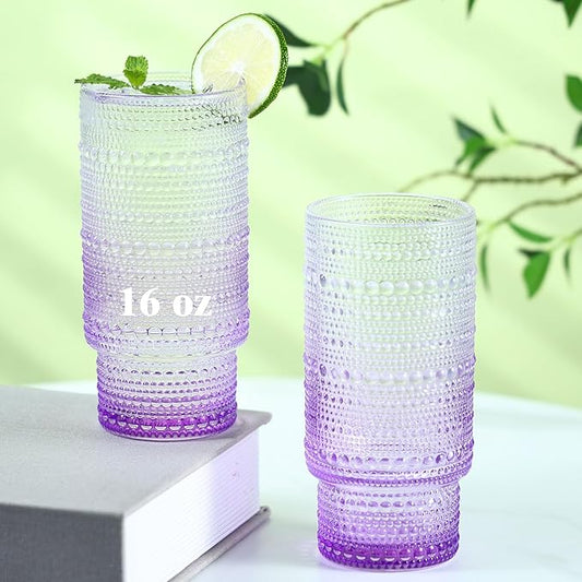 6pcs Hobnail Drinking Glasses Set, 16 oz Vintage Glassware Drinking Glasses, Gradual Purple Water Glasses Tumbler, Cups for Kitchen, Juice, Beer, Cocktail, Whiskey