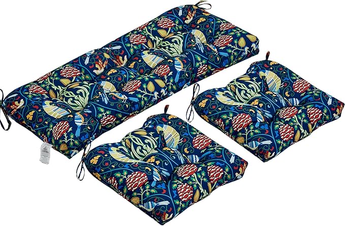 ADLIVWYD 3-Pieces Wicker Chair Cushion Set, 1 loveseat and 2 U-Shape, 44"x19" &19"x19" Tufted Outdoor Cushions for Indoor/Outdoor Patio Furniture (Blue Bird Floral)