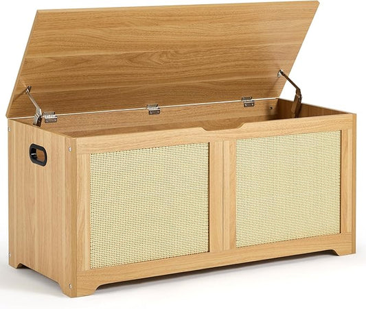 EROMMY Storage Chest, 39.4" Rattan Storage Bench with 2 Safety Hinges, Shoe Bench for Entryway, Bedroom, Living Room, Supports 300 lb
