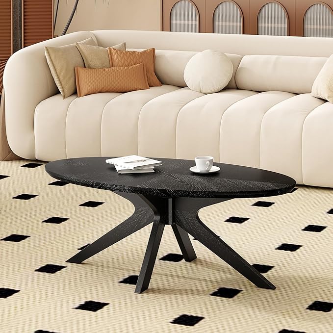 Farini Office Coffee Table, 47" Wood Coffee Tabletop with Wood Frame,Oval Coffee Table for Living Room,Bedroom,47 Inch,Black Tabletop and Frame