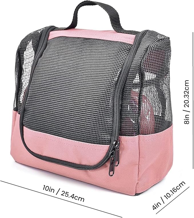 The Fine Living Co. USA Portable Hanging Shower Caddy Organizer with 1 Free Toiletries Case, Quick Dry Mesh Shower Caddy Tote Bag Included 1 Metal Hook, Perfect for Dorm, Camp, Travel, Gym, Pink