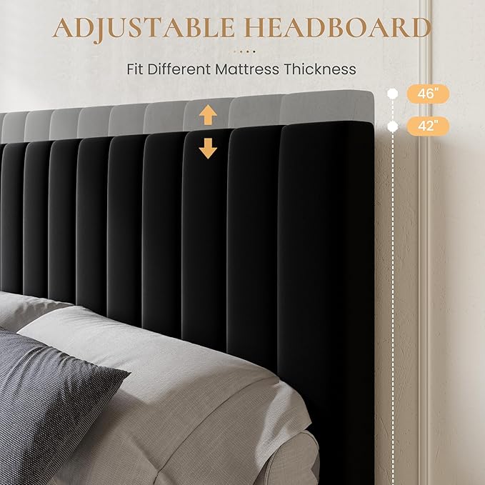 SHA CERLIN Queen Size Platform Bed Frame with 4 Storage Drawers, Vertical Channel Tufted Adjustable Headboard, Velvet Upholstered, Wooden Slats Support, No Box Spring Needed, Easy Assembly, Black