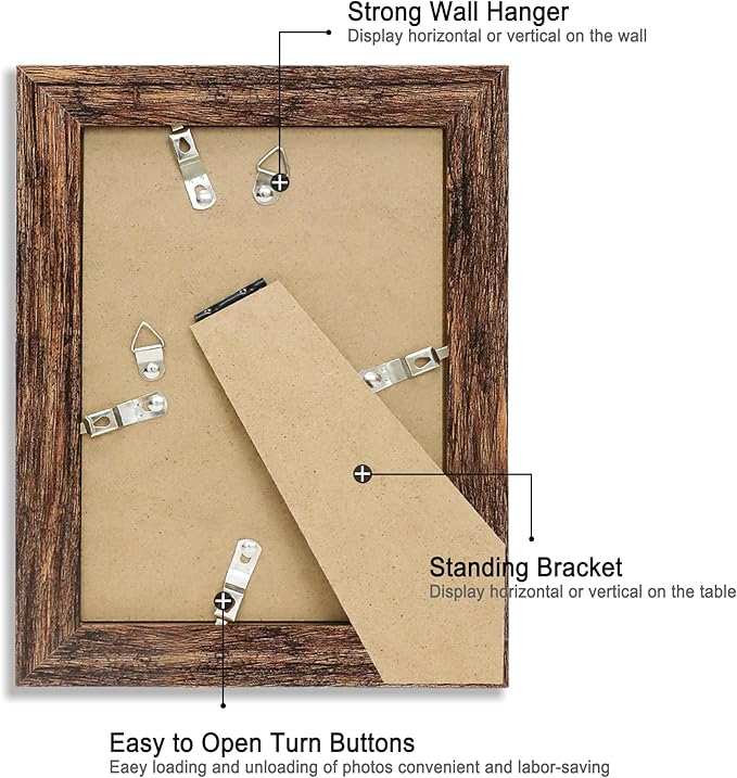 5x7 Picture Frame Set of 4, High Definition Glass Brown Frame, 5 x 7 Wood Rustic Picture Frames for Horizontal or Vertical Table Top and Wall Mounting