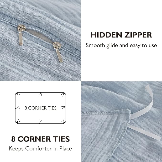 EMME Muslin Cotton Duvet Cover Set Blue King Size Linen Like Soft Breathable Lightweight Summer Comforter Cover Set with Zipper Closure (Blue, King, 104"x90")
