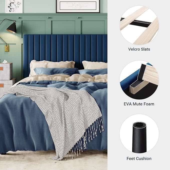 Allewie Full Bed Frame, Velvet Upholstered Platform Bed with Adjustable Vertical Channel Tufted Headboard, Mattress Foundation with Strong Wooden Slats, Box Spring Optional, Easy Assembly, Navy Blue