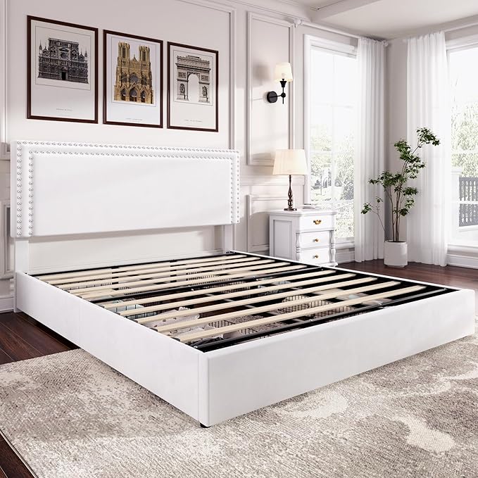 VECELO King Size Upholstered Platform Bed Frame with 4 Storage Drawers, Adjustable Velvet Rivet Decor Headboard, Wooden Slats Support, No Box Spring Needed, Easy Assembly
