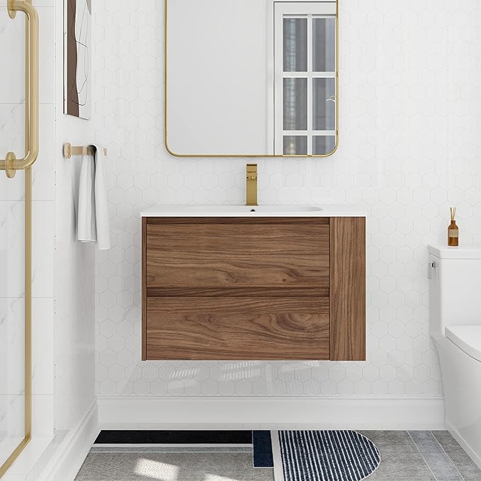 Goujxcy 30" Wall Mounted Bathroom Vanity with Sink, Modern Floating Bathroom Cabinet with White Gel Basin and Storage Drawer/Adjustable Side Shelf, Soft-Closing Door Wood Hanging Bath Room Cabinet