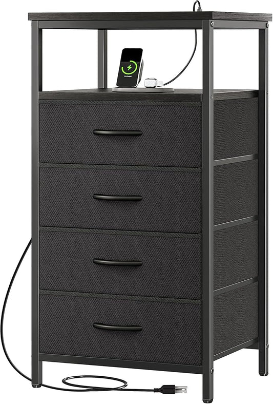 Huuger Night Stand with Charging Station, 4 Drawer Dresser for Bedroom, Bedside Table, 33.9 Inch Tall Nightstand with Open Shelf, End Table, for Closet, Entryway, Bedroom, Black 8055BC