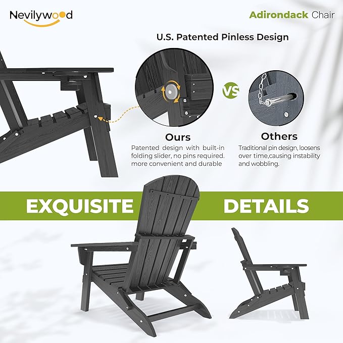 nevilywood Folding Adirondack Chair - Extended Ergonomic Backrest, Cup Holder - Easy Assembly - Durable HDPE Plastic, Weather Resistant & Maintenance-Free - Lawn, Patio, Deck Supports 380lbs Black