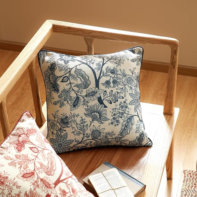 Design Linen Square Throw Pillow Covers 18"x18" Pack of 2, French Country Cushion Covers with Blue Toile de Jouy Floral Pattern Decoration Pillowcases for Bed, Living Room, Outdoor, Car