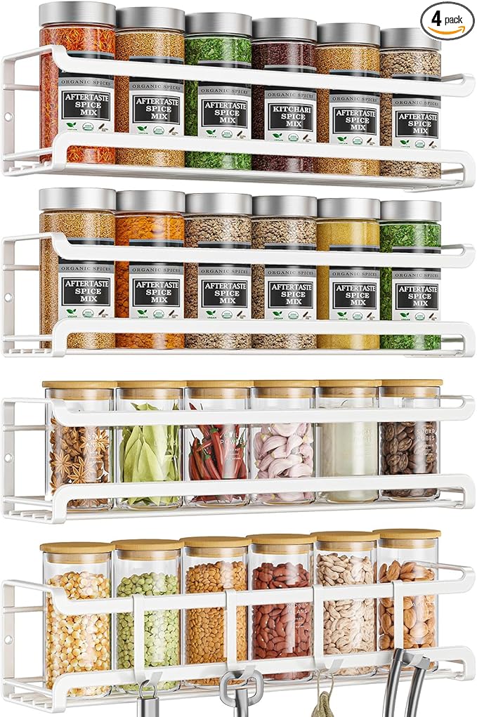 Spice Rack wall mounted 4 Pack, Space-Saving Spice Organizer for Spice Jars and Seasonings,Screw or Adhesive Hanging Spice Rack Organizer for Your Kitchen Cabinet,or Pantry Door,White