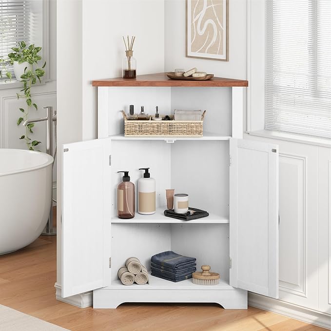 Smuxee Bathroom Corner Storage Cabinet, Farmhouse Floor Corner Cabinet with Barn Door and Adjustable Shelf, White Narrow Cabinet Organizer for Bathroom, Living Room, Kitchen