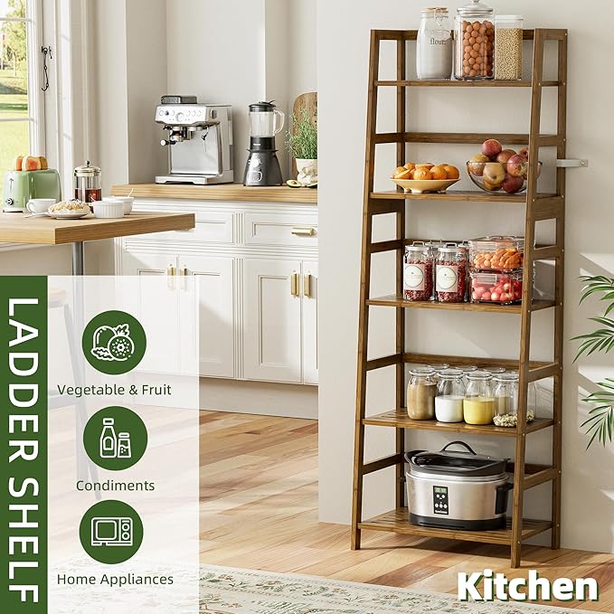 Ladder Shelf, 5-Tier Bookshelf, All Bamboo Heavy Duty Bookcase, Freestanding Open Wood Storage Rack, Modern Corner Display Plant Stand for Living Room, Home Office, Bathroom, Bedroom, Walnut