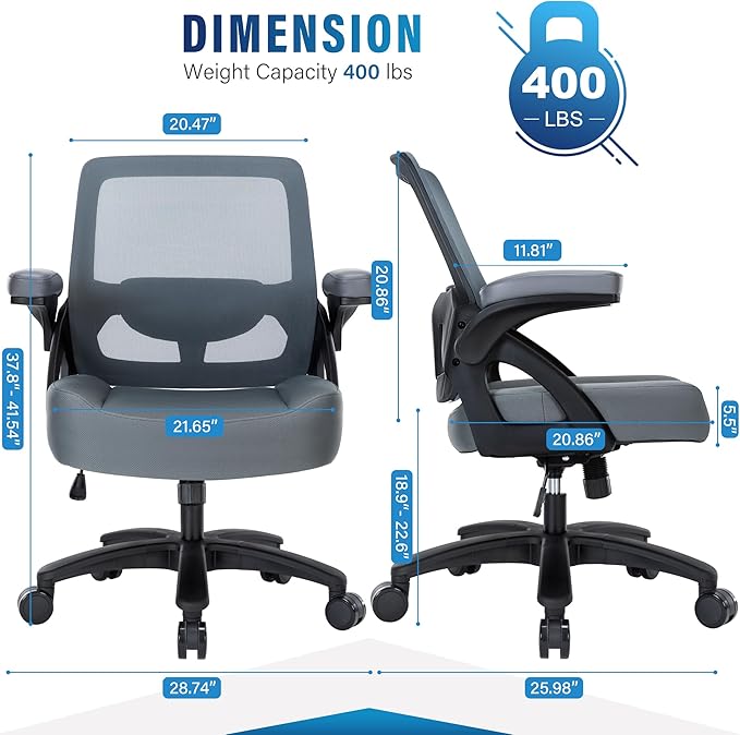 Big and Tall Office Chair 400lbs-Ergonomic Mesh Desk Chair with Flip up Arms, Heavy Duty Home Office Computer Chair, Wide Seat Office Chairs, Executive Rolling Swivel Task Chairs for Large People