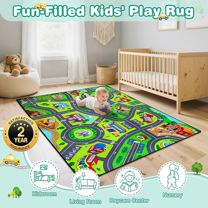 Road Car Rug, 5x7 Ft City Road Rug for Kids, Extra Thick (0.4in) Kids Floor Play Mat and Car Carpet with Realistic Colors - Perfect for Children, Soft and Non-Slip for Playroom and Bedroom