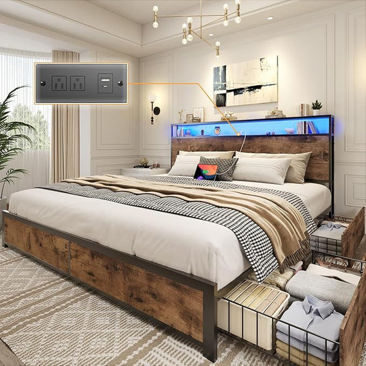 Lifezone King Bed Frame with 2-Tier Storage Headboard, Metal Platform Bed Frame with 4 Storage Drawers, Built in Charging Station & LED, Noise-Free/Metal Support/No Box Spring Needed, Vintage Brown