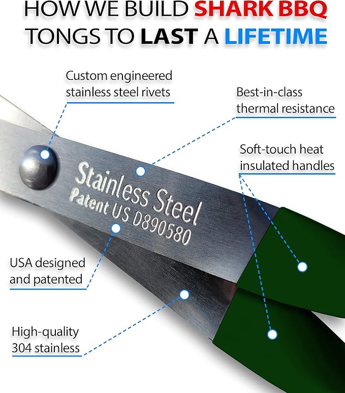 Shark BBQ Grill Tongs - 17 inch Green. Professional kitchen and outdoor grilling utensil. Long reach Barbeque Grilling Tongs. Ideal for steak, fish, burger, and sausage